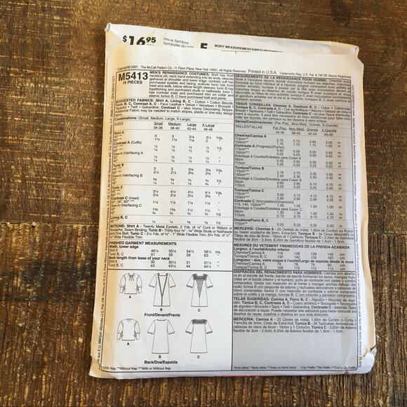 McCalls Sewing Pattern M5413 Mens Renaissance Musketeer Shirt Tunic S-XL UNCUT - Picture 2 of 2